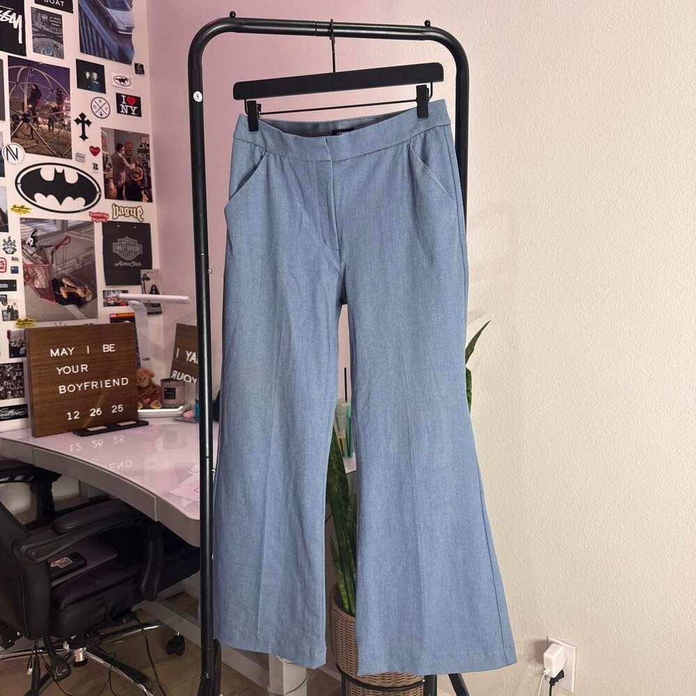 Express Editor Flare Trousers Small Blue High Rise Wide Leg Pants
